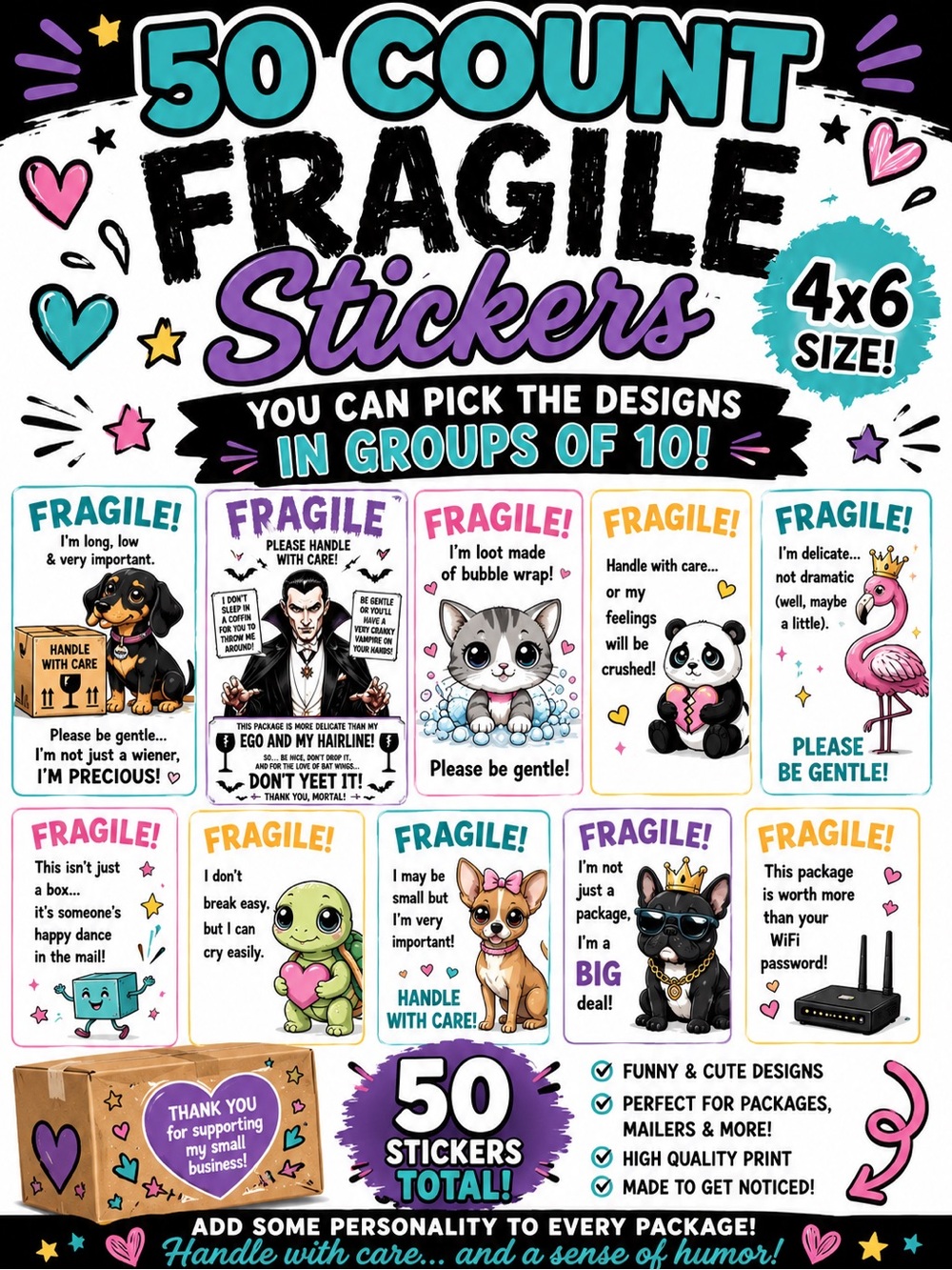 Fragile Stickers Variety Pack 50 count 4x6